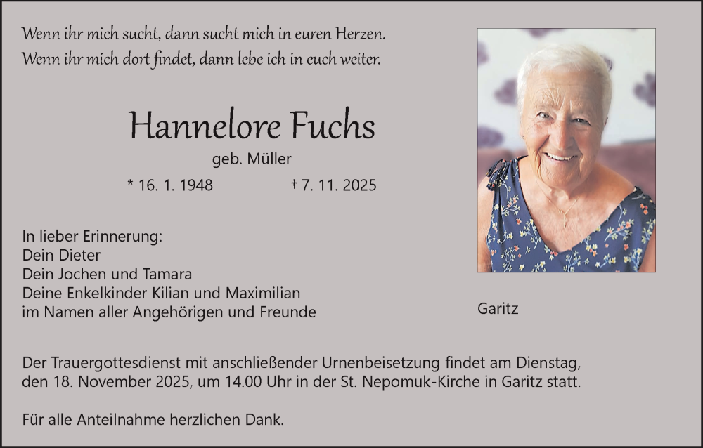  Traueranzeige für Hannelore Fuchs vom 15.11.2025 aus MGO