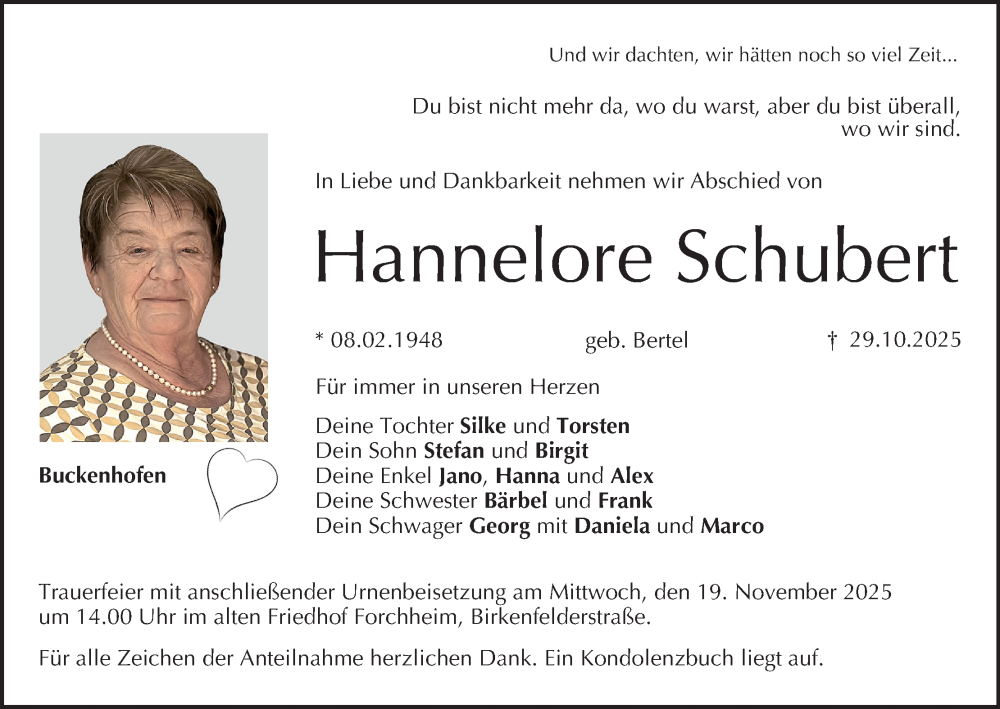  Traueranzeige für Hannelore Schubert vom 15.11.2025 aus MGO