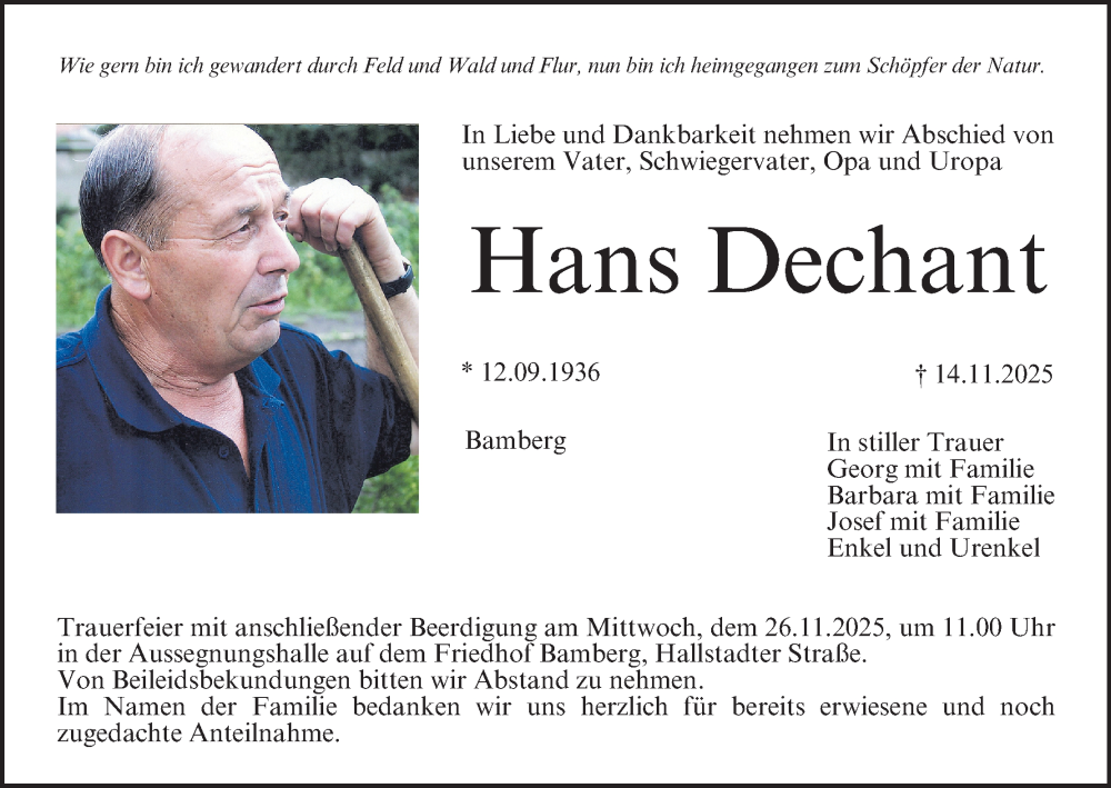  Traueranzeige für Hans Dechant vom 22.11.2025 aus MGO