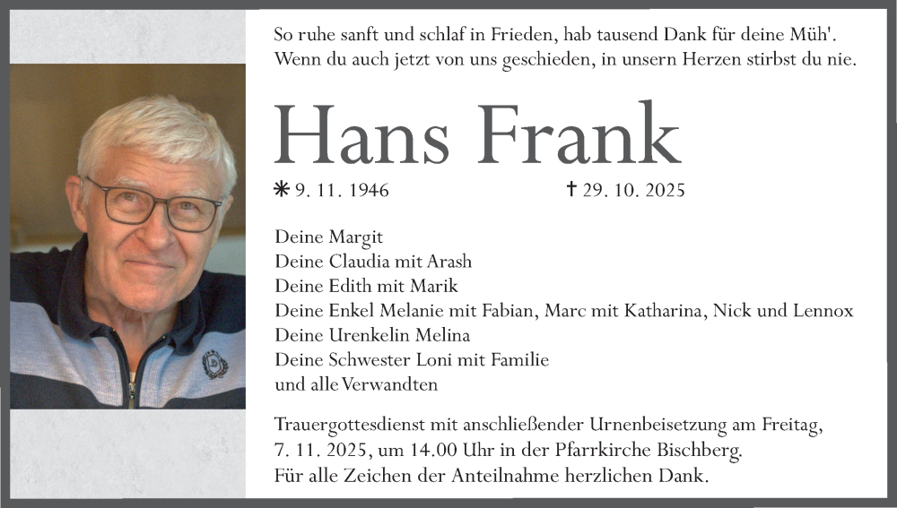  Traueranzeige für Hans Frank vom 05.11.2025 aus MGO