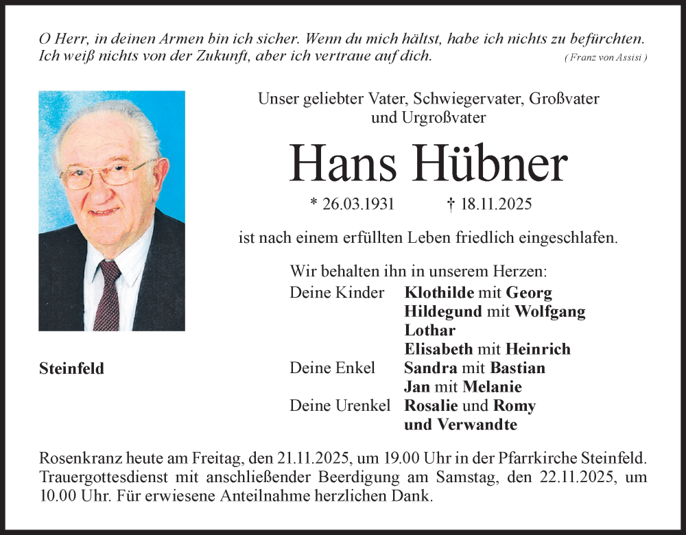  Traueranzeige für Hans Hübner vom 21.11.2025 aus MGO