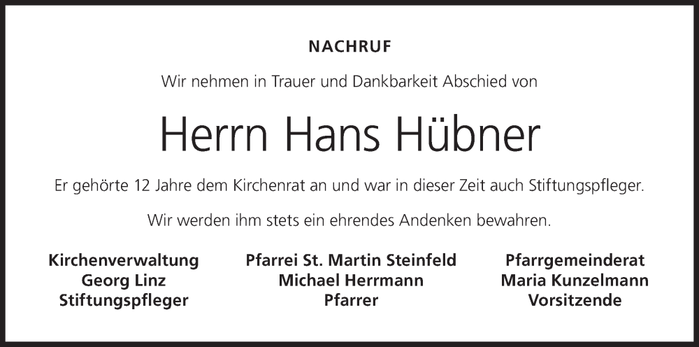  Traueranzeige für Hans Hübner vom 21.11.2025 aus MGO