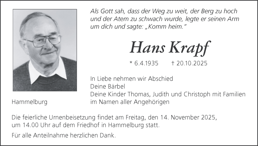  Traueranzeige für Hans Krapf vom 31.10.2025 aus MGO