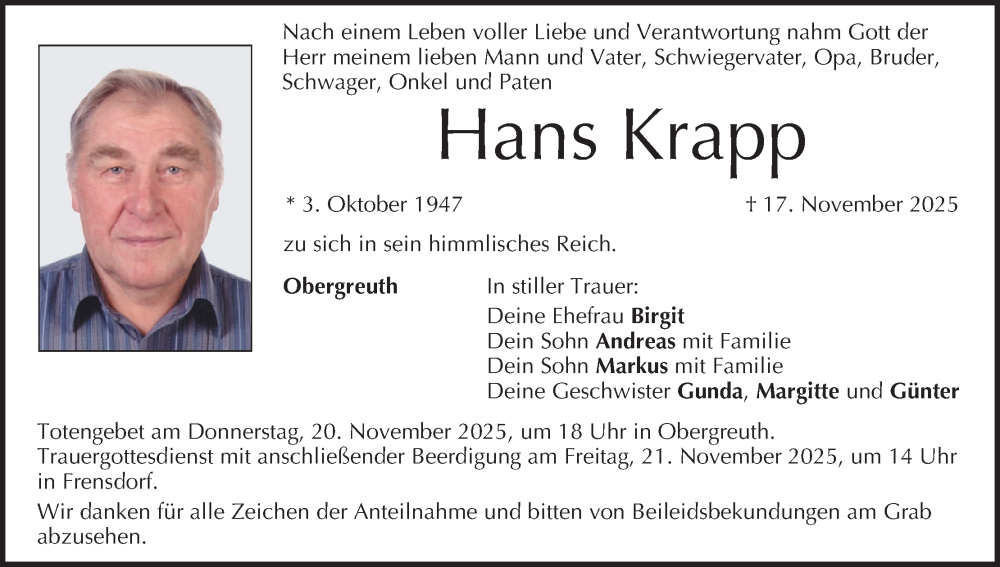  Traueranzeige für Hans Krapp vom 19.11.2025 aus MGO