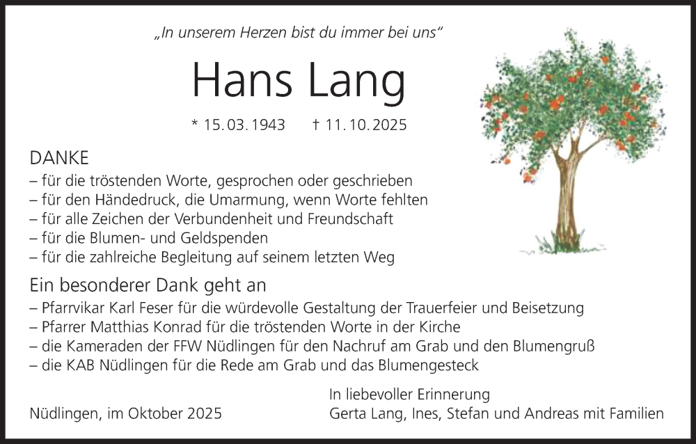  Traueranzeige für Hans Lang vom 31.10.2025 aus MGO
