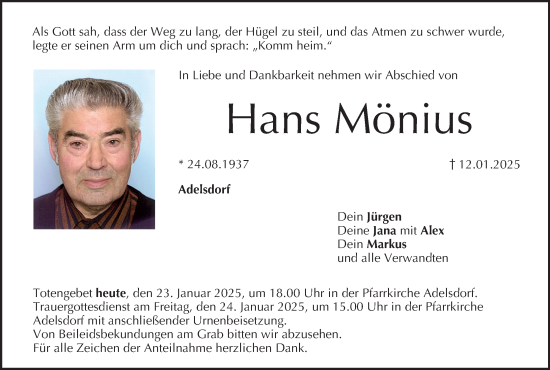 Anzeige von Hans Mönius von MGO