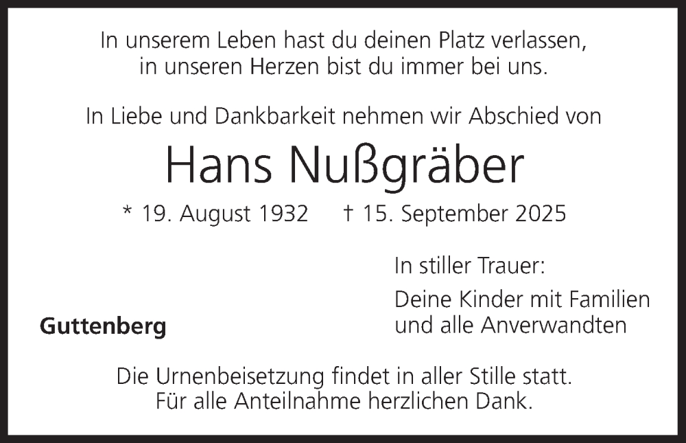  Traueranzeige für Hans Nußgräber vom 08.11.2025 aus MGO