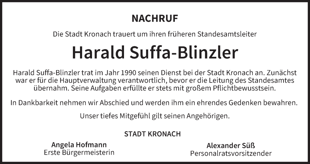  Traueranzeige für Harald Suffa-Blinzler vom 15.11.2025 aus MGO