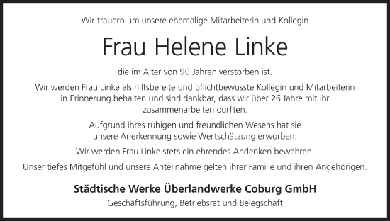 Anzeige von Helene Linke von MGO