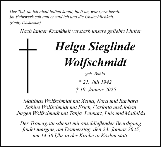 Anzeige von Helga Sieglinde Wolfschmidt von MGO