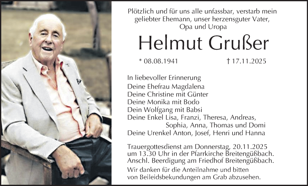  Traueranzeige für Helmut Grußer vom 19.11.2025 aus MGO
