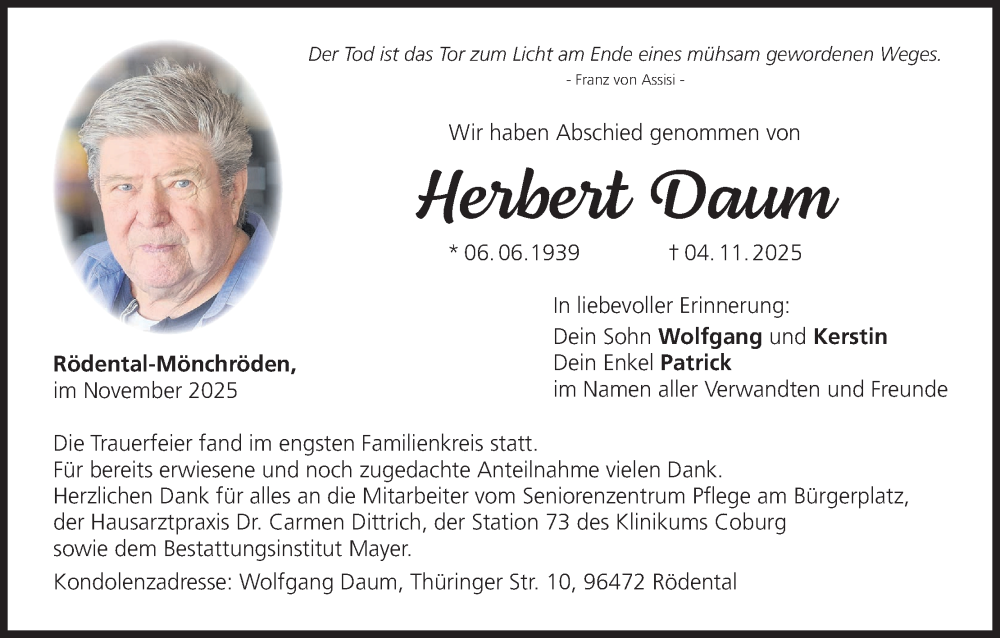  Traueranzeige für Herbert Daum vom 22.11.2025 aus MGO