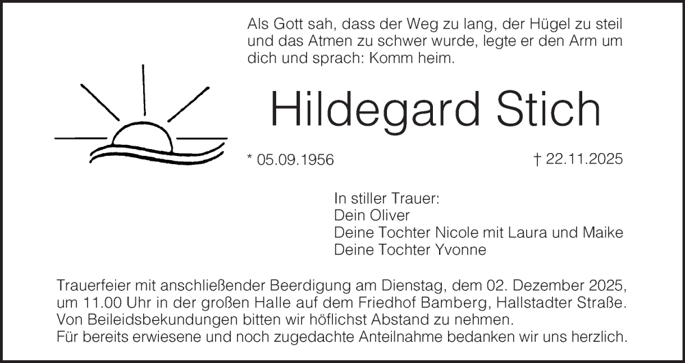  Traueranzeige für Hildegard Stich vom 29.11.2025 aus MGO