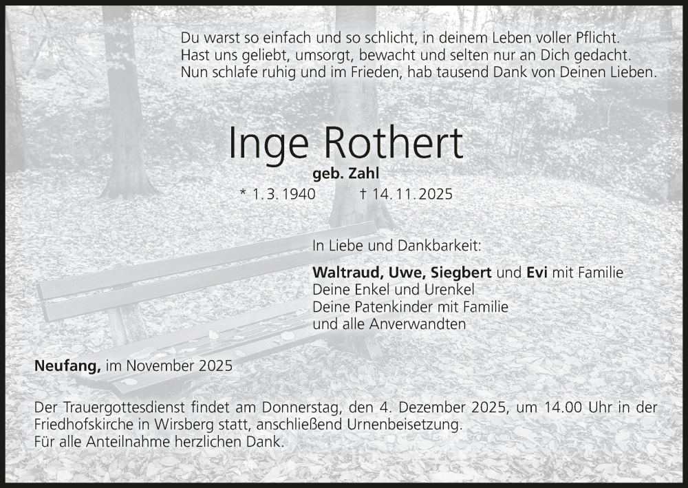  Traueranzeige für Inge Rothert vom 29.11.2025 aus MGO