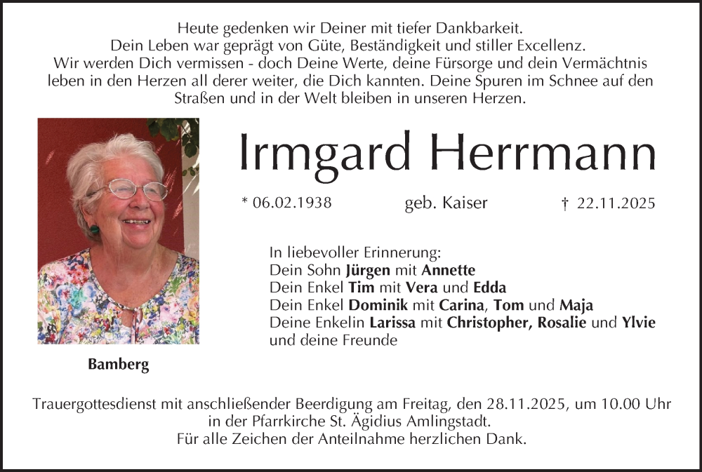  Traueranzeige für Irmgard Herrmann vom 26.11.2025 aus MGO