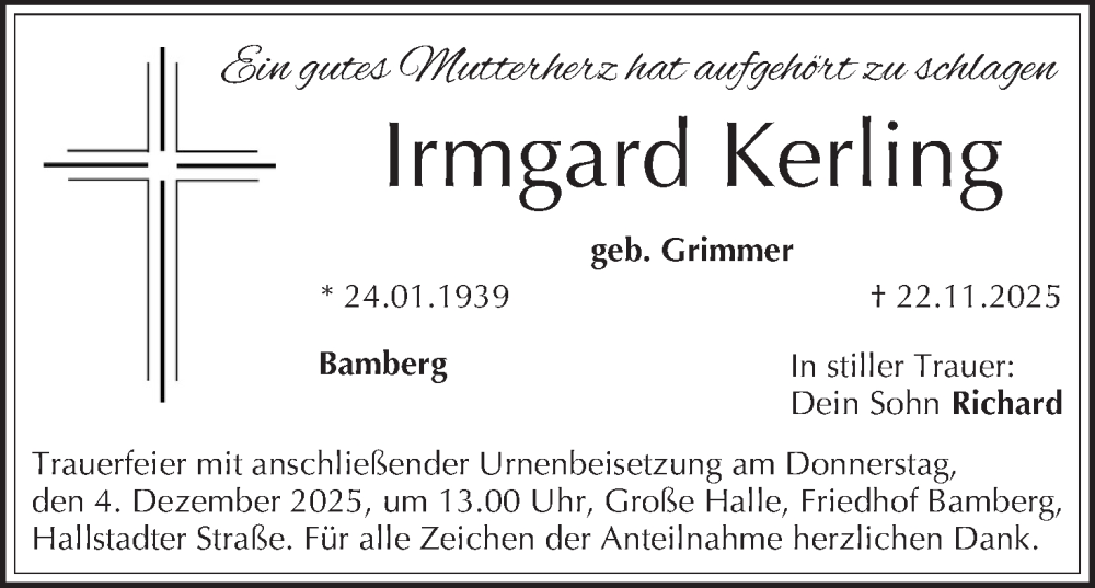  Traueranzeige für Irmgard Kerling vom 29.11.2025 aus MGO