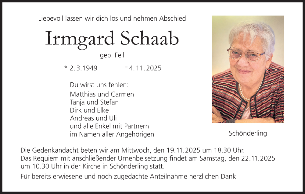  Traueranzeige für Irmgard Schaab vom 15.11.2025 aus MGO