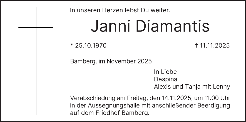  Traueranzeige für Janni Diamantis vom 13.11.2025 aus MGO