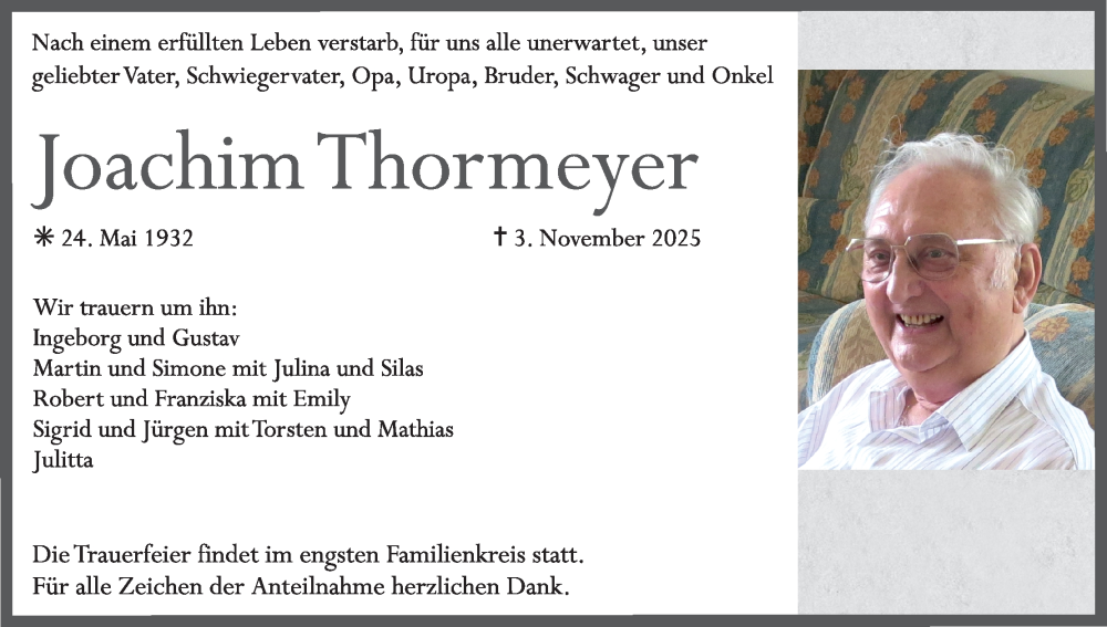  Traueranzeige für Joachim Thormeyer vom 08.11.2025 aus MGO
