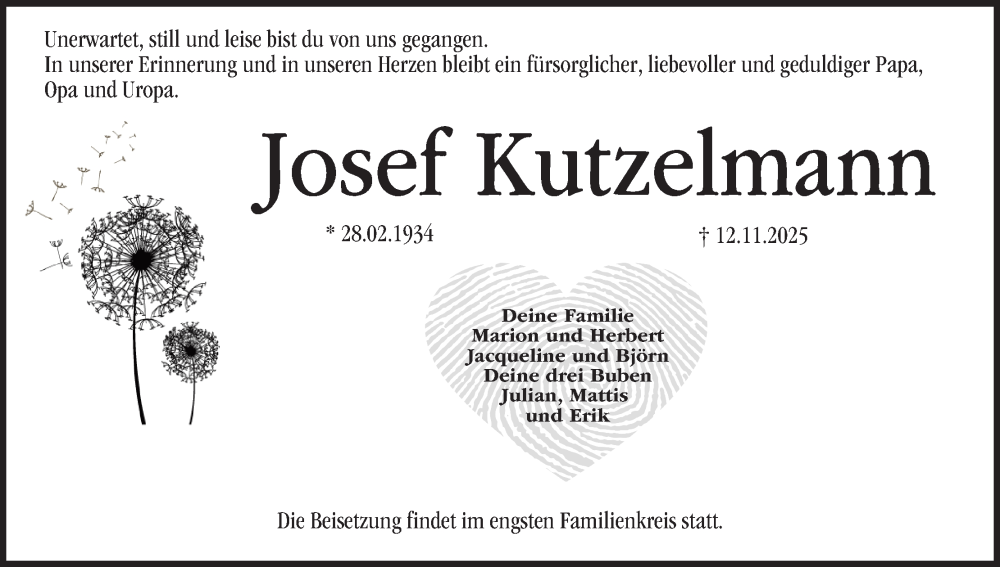  Traueranzeige für Josef Kutzelmann vom 15.11.2025 aus MGO