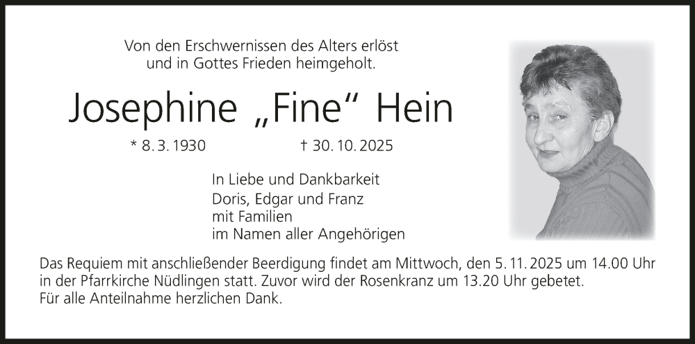  Traueranzeige für Josephine Hein vom 03.11.2025 aus MGO