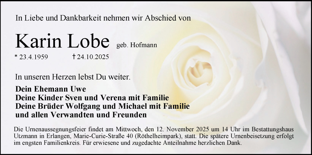  Traueranzeige für Karin Lobe vom 31.10.2025 aus MGO