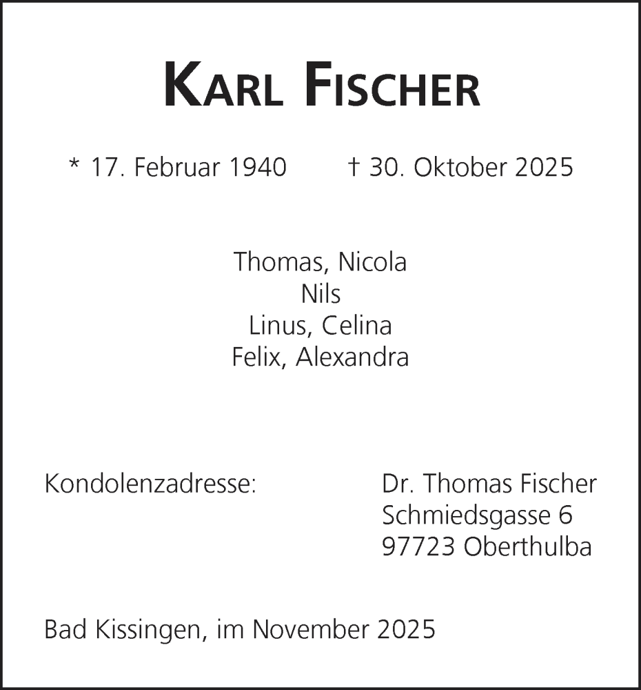  Traueranzeige für Karl Fischer vom 22.11.2025 aus MGO
