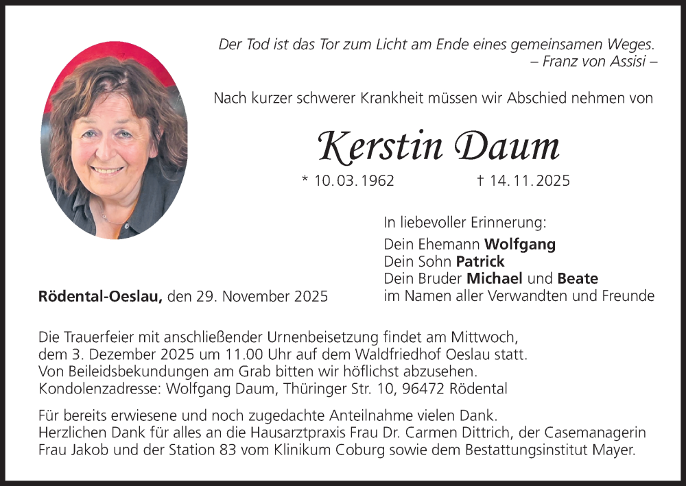  Traueranzeige für Kerstin Daum vom 29.11.2025 aus MGO