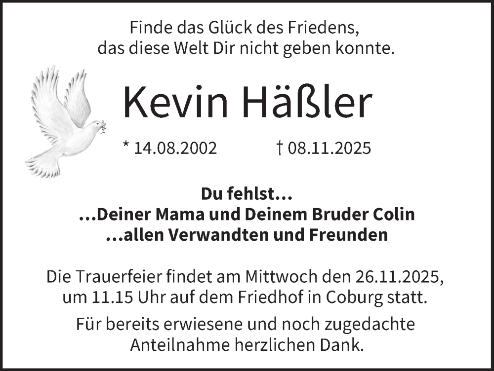  Traueranzeige für Kevin Häßler vom 22.11.2025 aus MGO