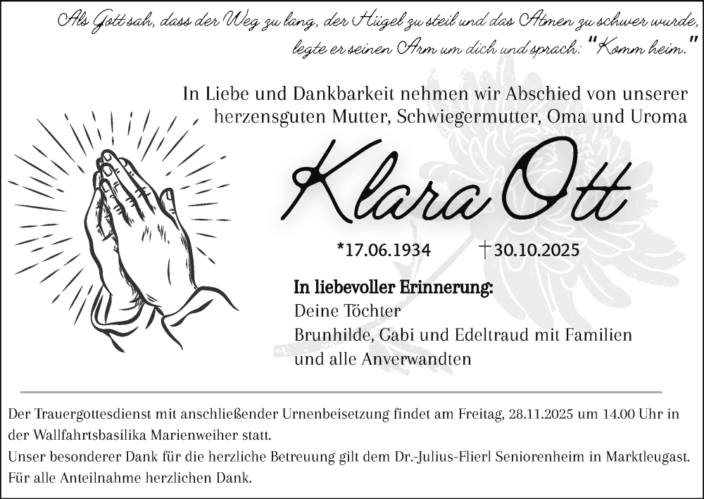  Traueranzeige für Klara Ott vom 25.11.2025 aus MGO