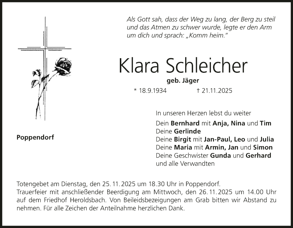  Traueranzeige für Klara Schleicher vom 22.11.2025 aus MGO