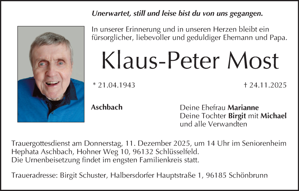  Traueranzeige für Klaus-Peter Most vom 29.11.2025 aus MGO