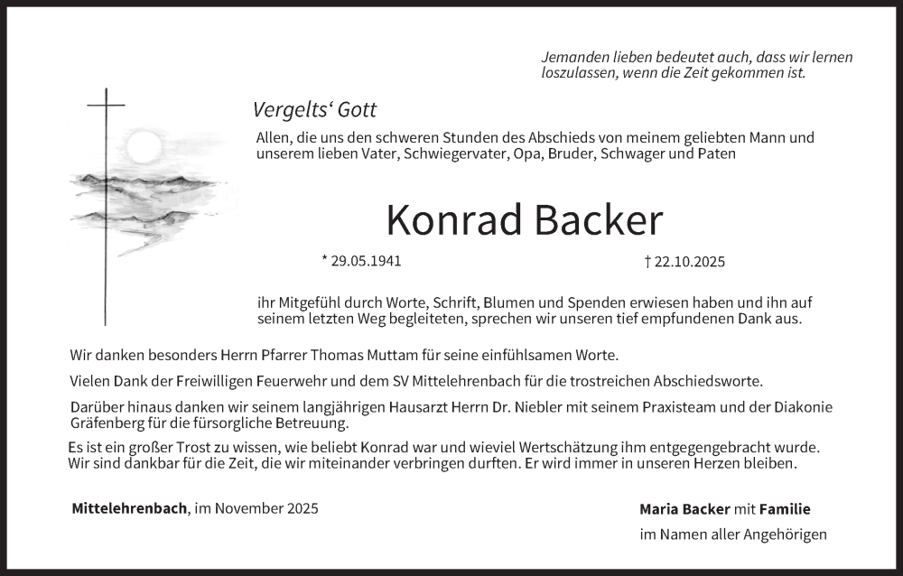  Traueranzeige für Konrad Backer vom 22.11.2025 aus MGO