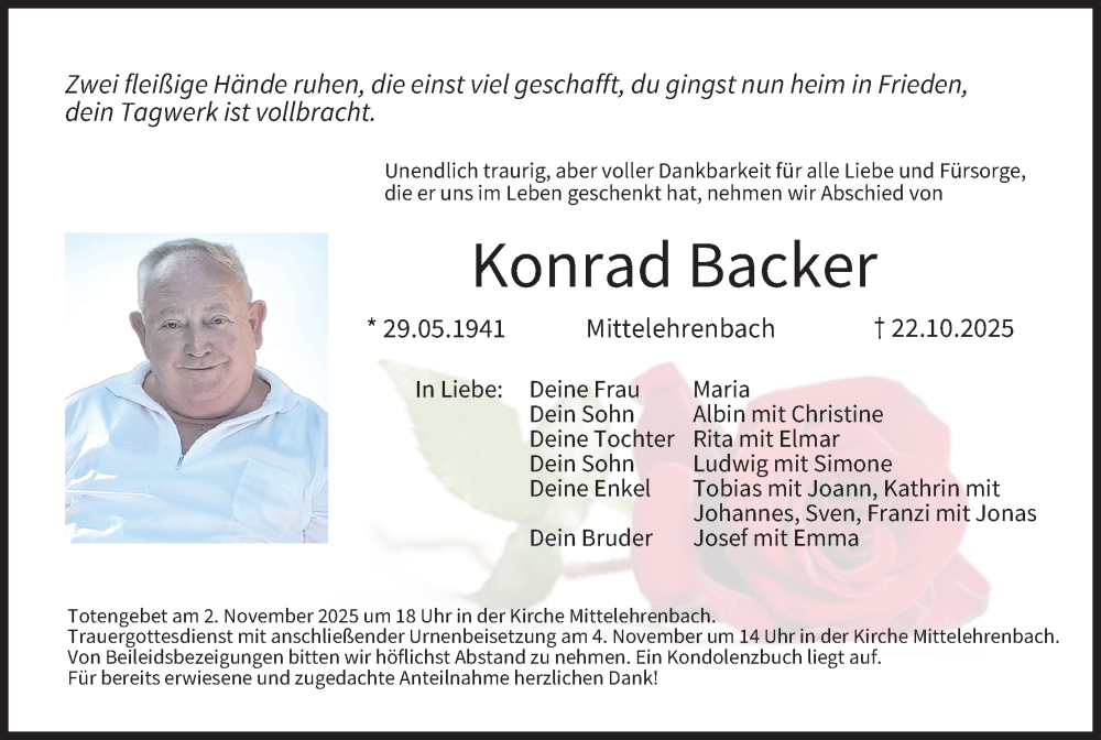  Traueranzeige für Konrad Backer vom 31.10.2025 aus MGO