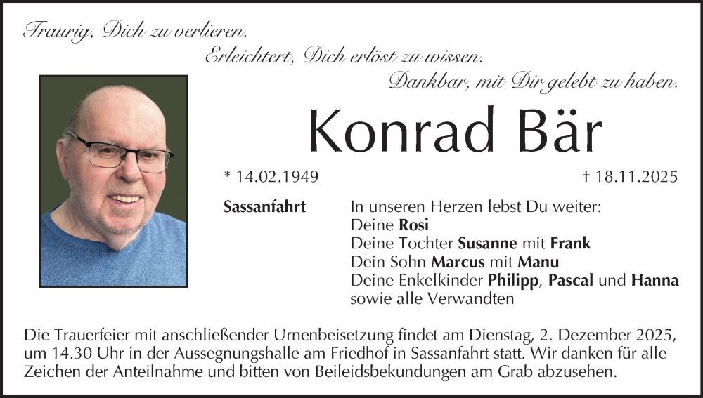  Traueranzeige für Konrad Bär vom 29.11.2025 aus MGO