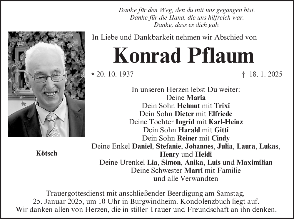  Traueranzeige für Konrad Pflaum vom 22.01.2025 aus MGO