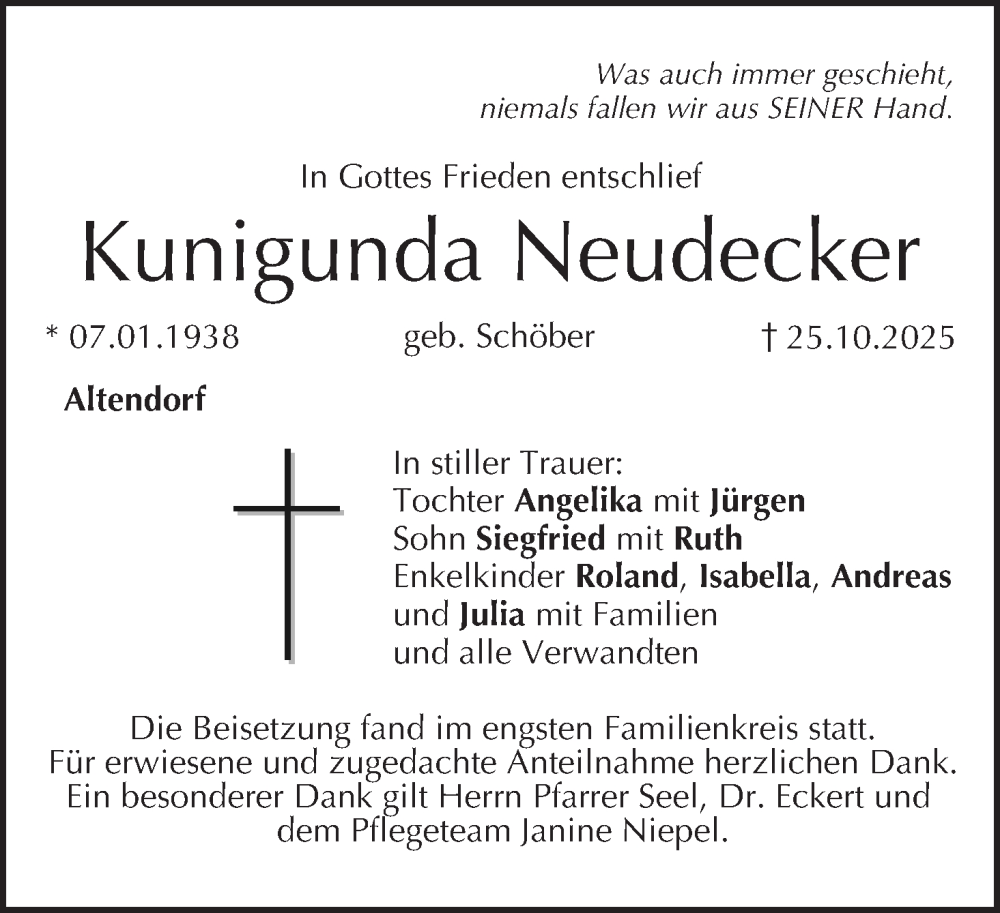  Traueranzeige für Kunigunda Neudecker vom 08.11.2025 aus MGO