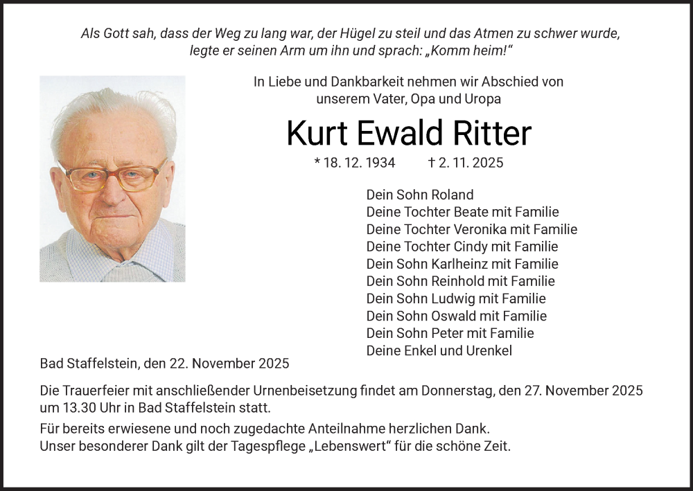  Traueranzeige für Kurt Ewald Ritter vom 22.11.2025 aus MGO