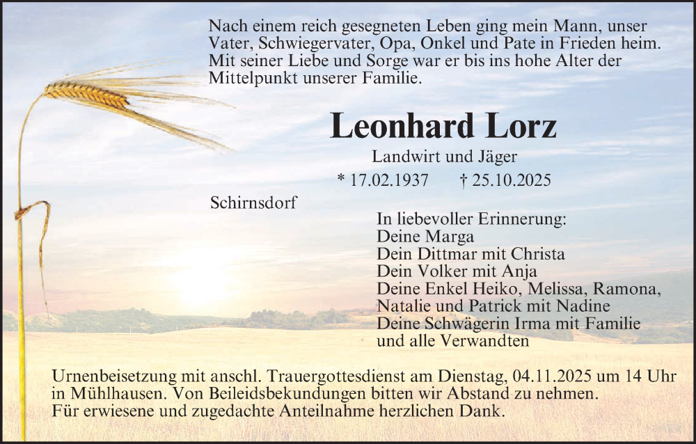  Traueranzeige für Leonhard Lorz vom 31.10.2025 aus MGO