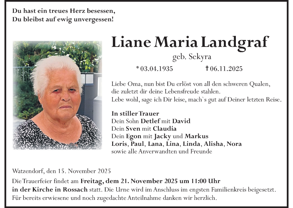  Traueranzeige für Liane Maria Landgraf vom 15.11.2025 aus MGO