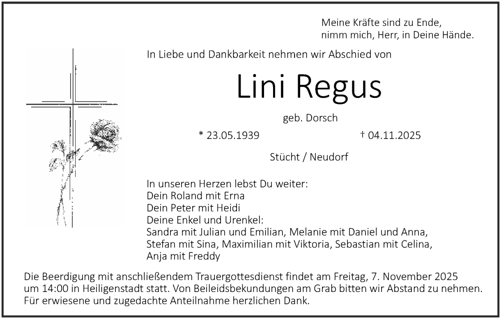  Traueranzeige für Lini Regus vom 06.11.2025 aus MGO