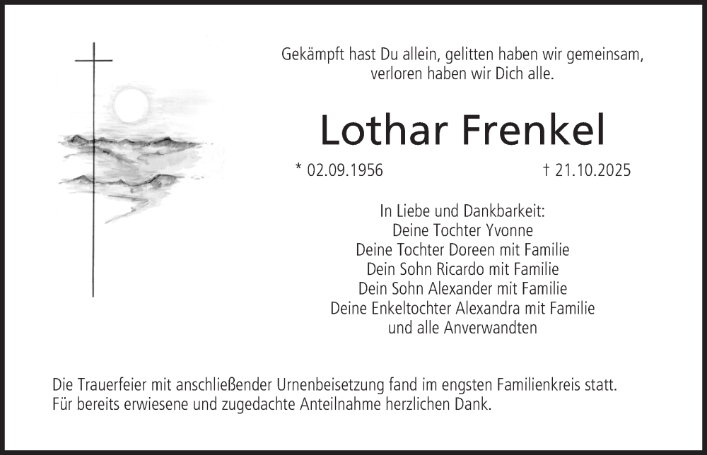  Traueranzeige für Lothar Frenkel vom 15.11.2025 aus MGO