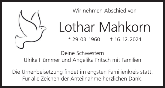 Anzeige von Lothar Mahkorn von MGO