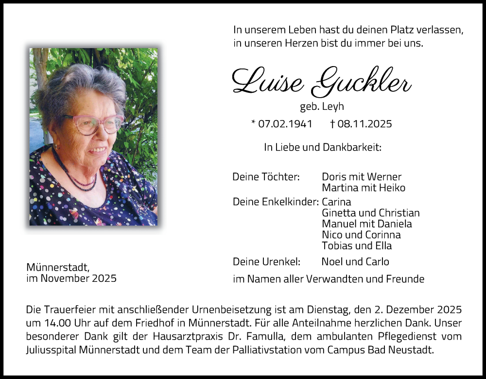  Traueranzeige für Luise Guckler vom 22.11.2025 aus MGO