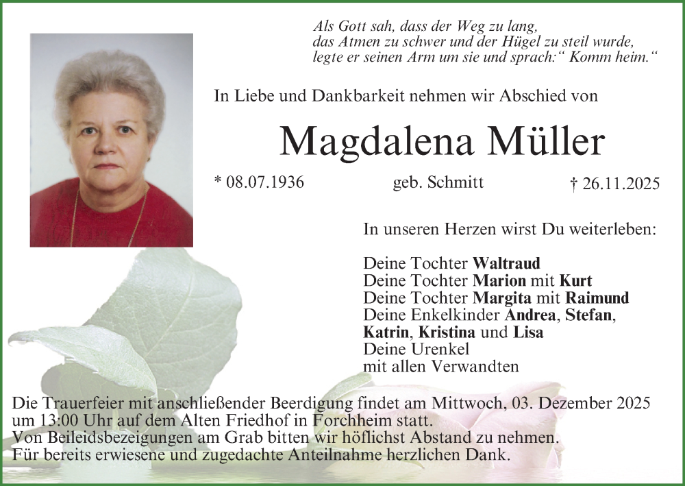  Traueranzeige für Magdalena Müller vom 29.11.2025 aus MGO