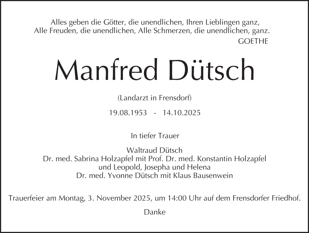  Traueranzeige für Manfred Dütsch vom 31.10.2025 aus MGO