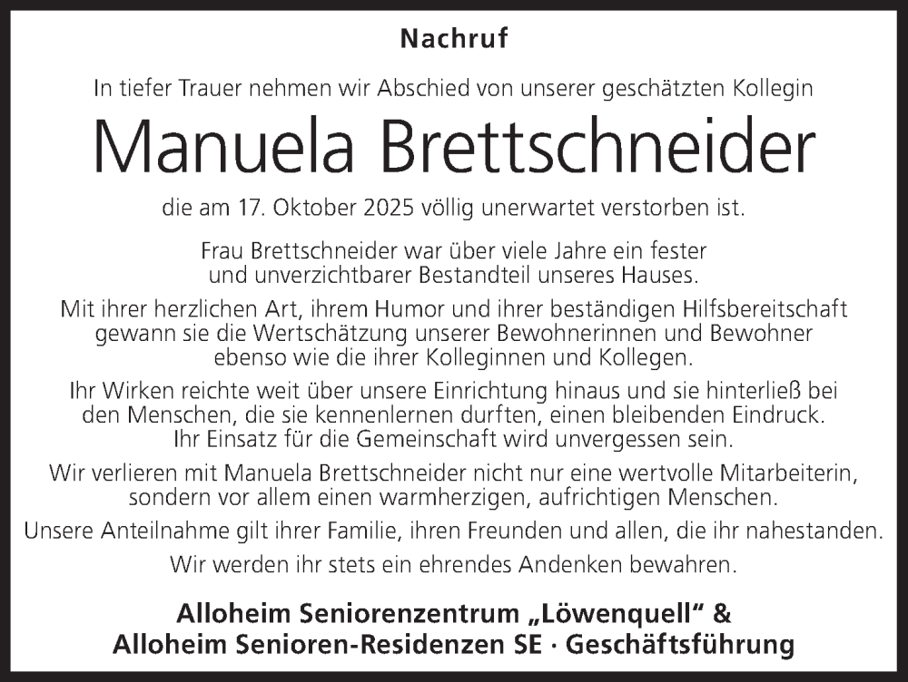  Traueranzeige für Manuela Brettschneider vom 29.11.2025 aus MGO