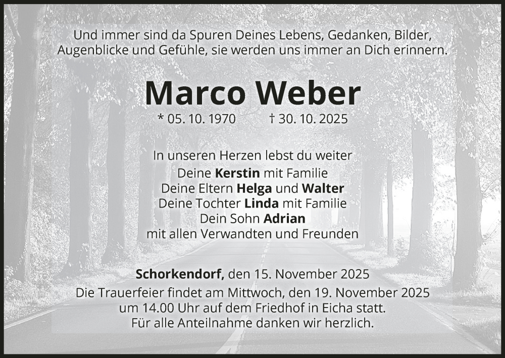  Traueranzeige für Marco Weber vom 15.11.2025 aus MGO