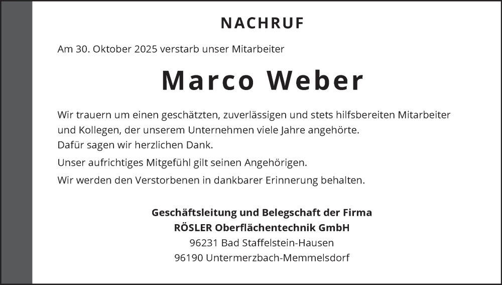  Traueranzeige für Marco Weber vom 15.11.2025 aus MGO