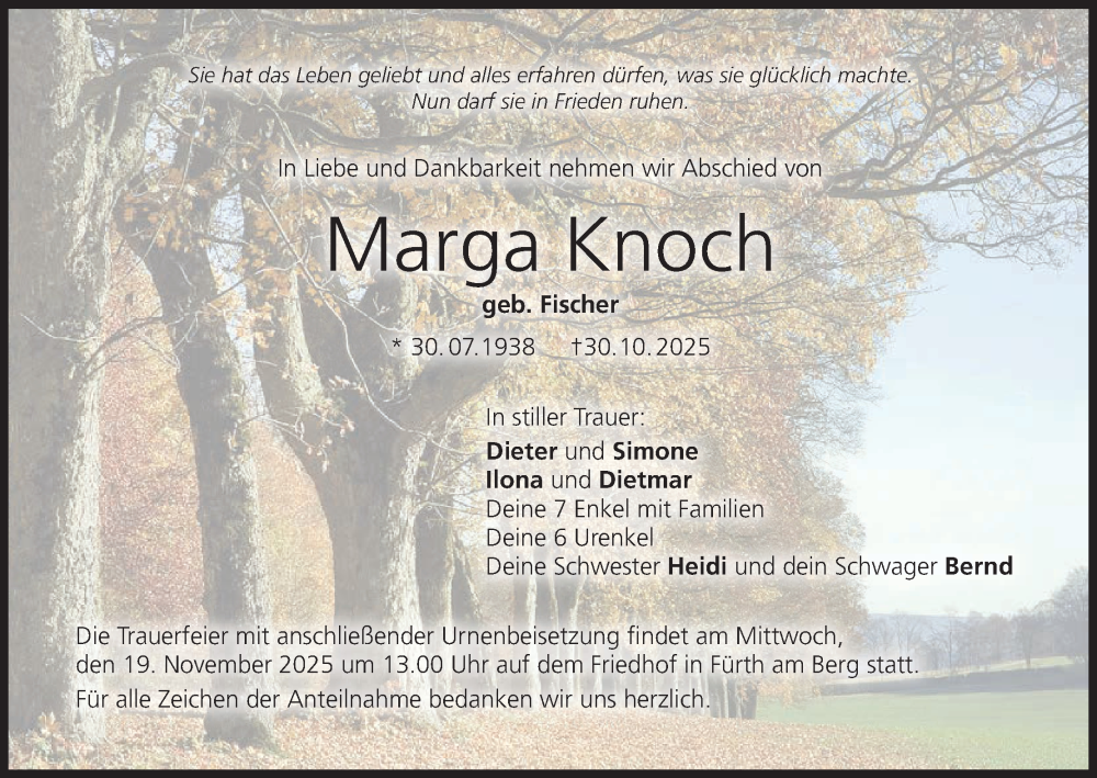  Traueranzeige für Marga Knoch vom 15.11.2025 aus MGO
